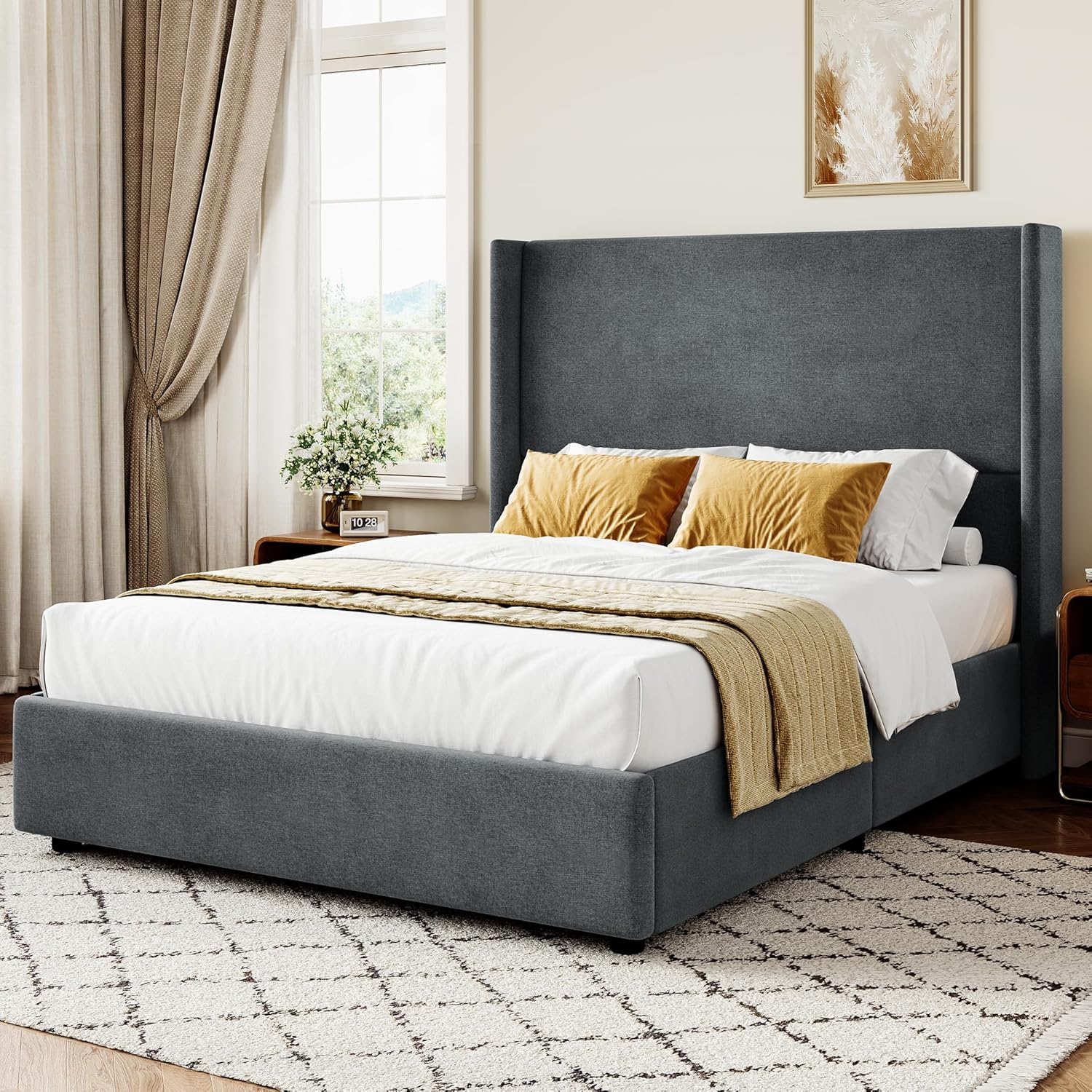 Queen Bed Frame, Upholstered Platform Bed with 55.5" Tall Wingback Headboard, Solid Wooden Slats, Noise-Free Mattress Foundation, No Box Spring Needed, Easy Assembly, Grey