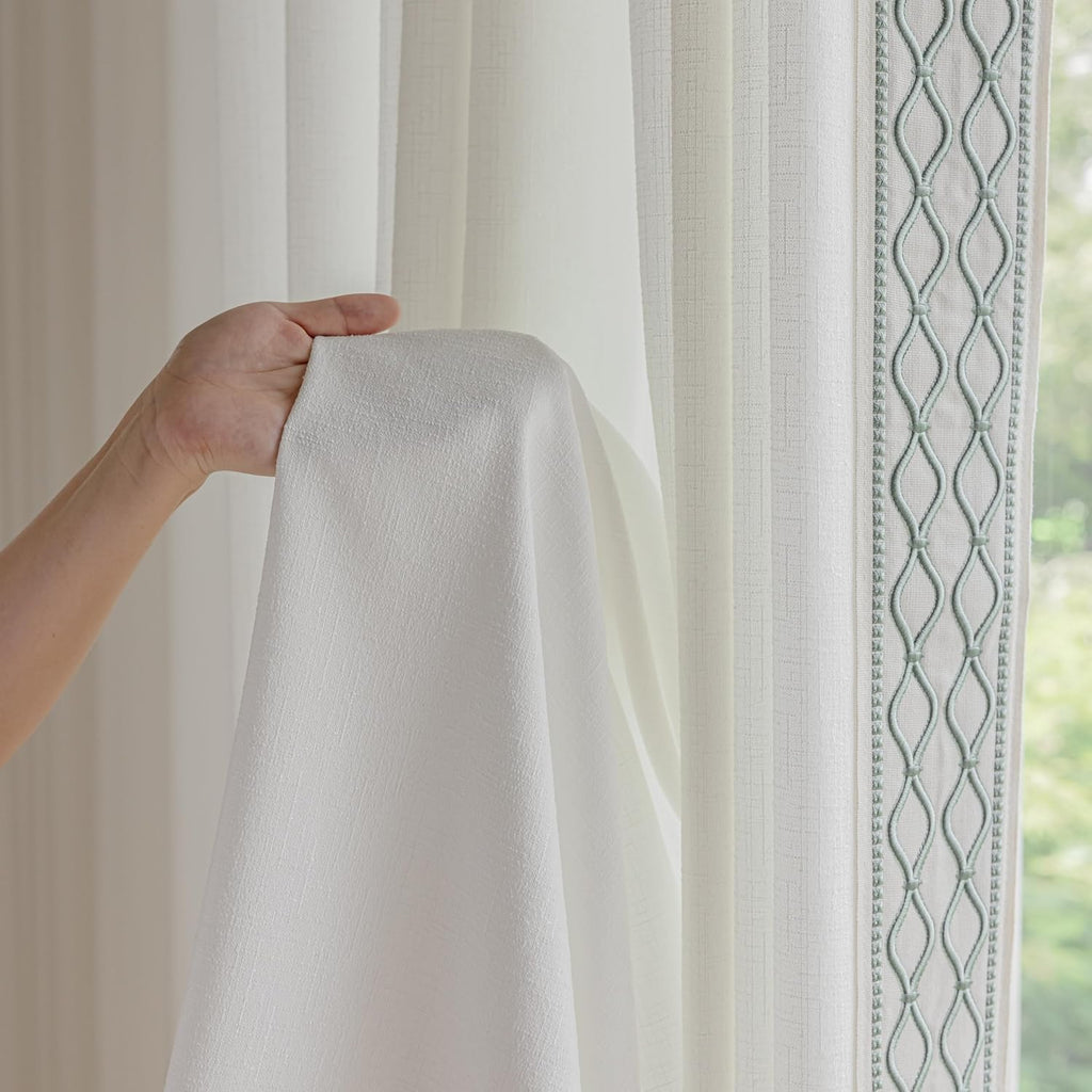 White Colour Linen Curtain Panels with Embroidered Trim Design, Pinch Pleat Curtains, Semi-Sheer Curtains for Sliding Patio Doors Bedroom (2 Panels) (50W x 108L)