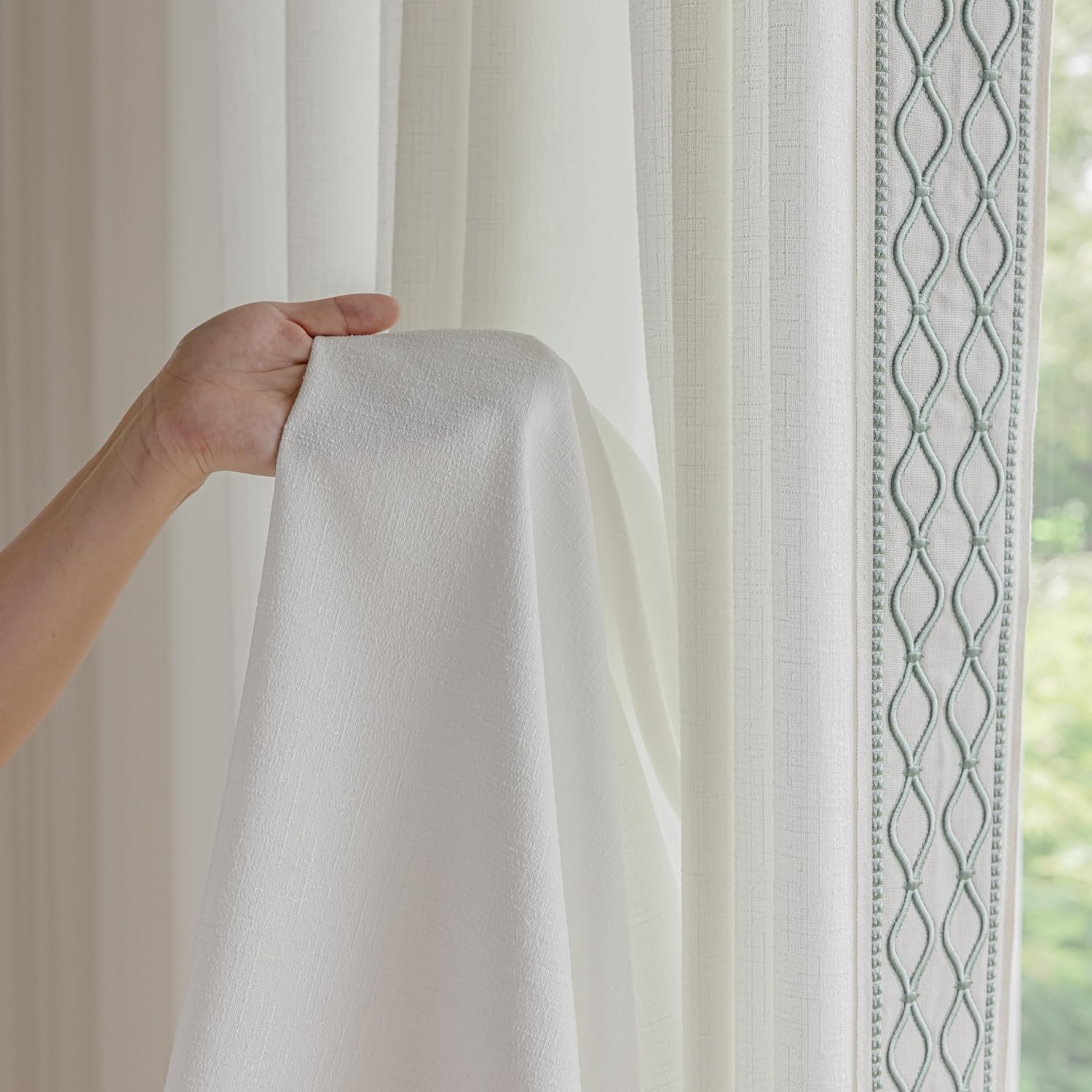White Colour Linen Curtain Panels with Embroidered Trim Design, Pinch Pleat Curtains, Semi-Sheer Curtains for Sliding Patio Doors Bedroom (2 Panels) (50W x 108L)