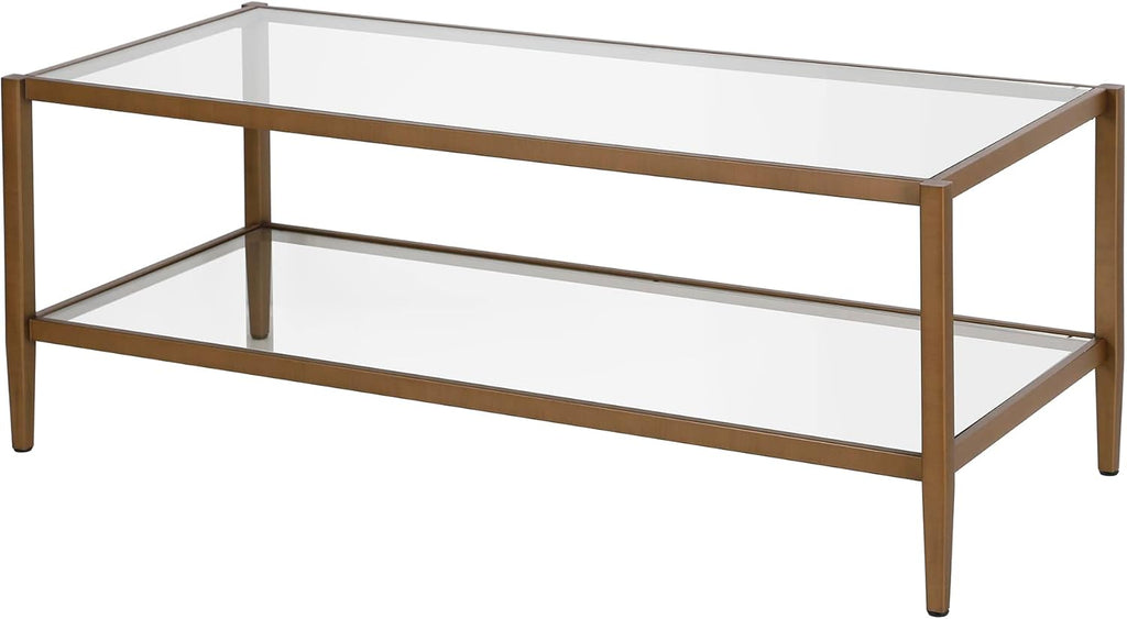 Henn&Hart 45" Wide Rectangular Coffee Table with Glass Shelf in Antique Brass, Coffee Table coffee tables for living room, studio apartment essentials