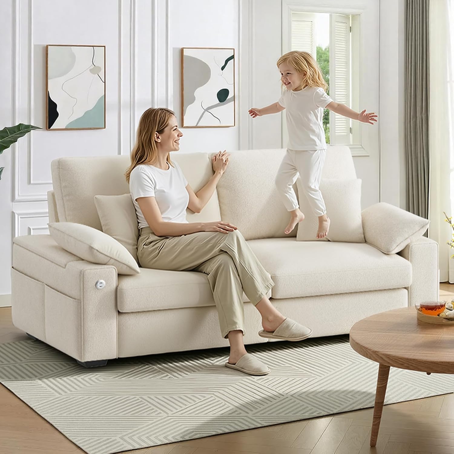 76.38'' Modern Loveseat Sofas for Living Room, 2 Seats Sectional Sofa Couch with USB/Type-C Charging Port & Side Storage Removable Cover, Easy Assembly for Small Spaces- Beige