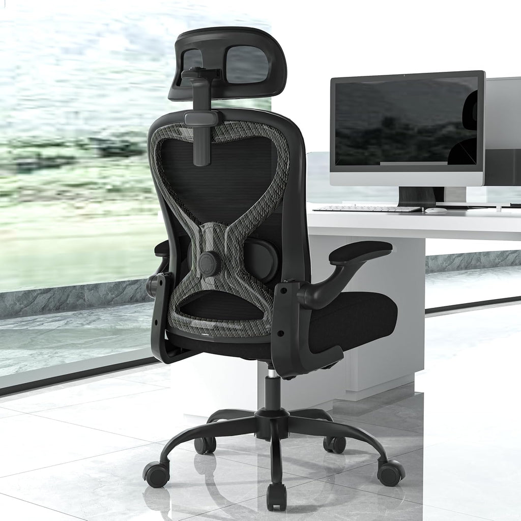 Office Chair for Back & Neck Pain Relief, Virgin Foam Seat, 2D Adjustable Lumbar & 3D Headrest, Flip-Up Armrests, Tilt & Rock for Relaxation, Black/Carbon Fiber