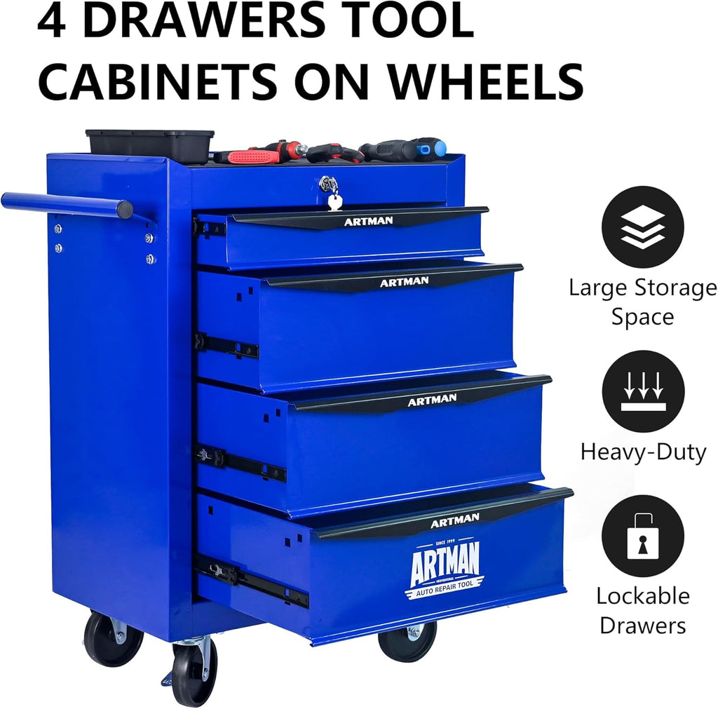 RYH 4 Drawers Rolling Tool Chest - 13" D x 20.9" W x 30.5" H Heavy Duty Mobile Tool Cart with Locking Wheels & Ball Bearing Drawers, Garage Tool Storage Cabinet (Blue, 4 Drawers)
