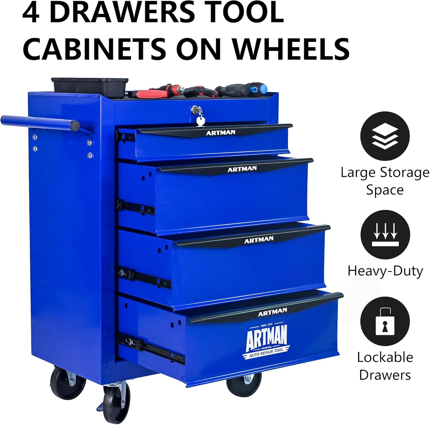 RYH 4 Drawers Rolling Tool Chest - 13" D x 20.9" W x 30.5" H Heavy Duty Mobile Tool Cart with Locking Wheels & Ball Bearing Drawers, Garage Tool Storage Cabinet (Blue, 4 Drawers)