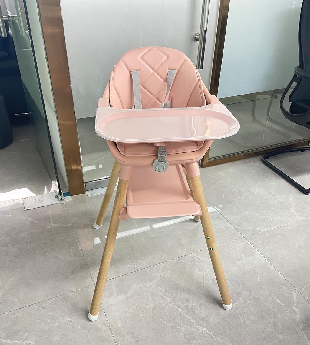 Baby High Chair, 6-in-1 Wooden Convertible High Chairs for Toddlers, Booster Seat with Double Tray & Reversible Footrest, 5-Point Harness, Pink