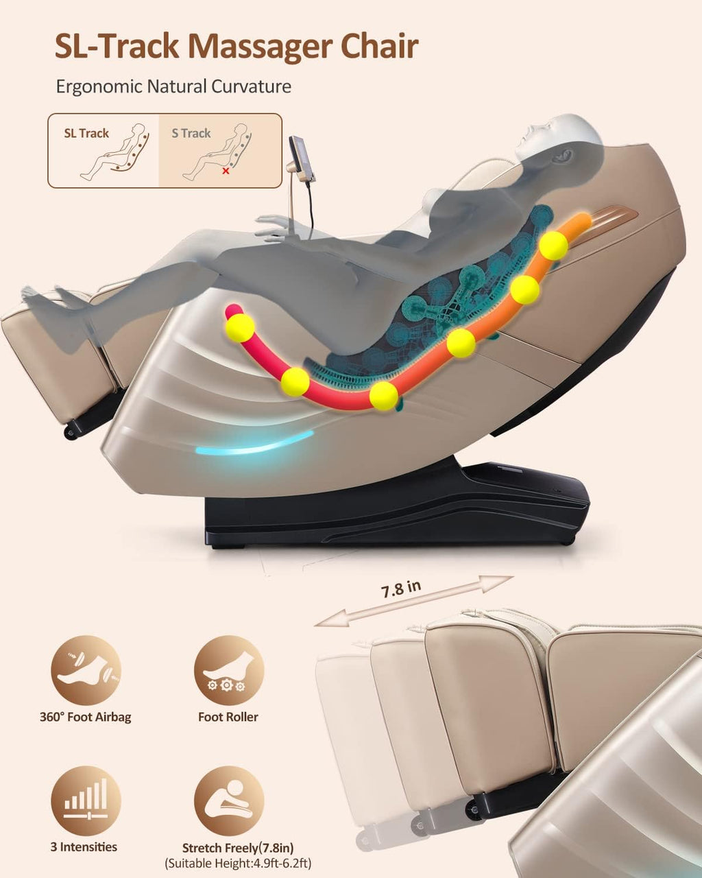 RELX Massage Chair Full Body, 15 Modes Zero Gravity SL-Track Shiatsu Massage Chair Built-in Heat System, Airbag Massage with Body Scan, Deep Yoga Stretch, Calfrest Extension and AI Control(Cream)