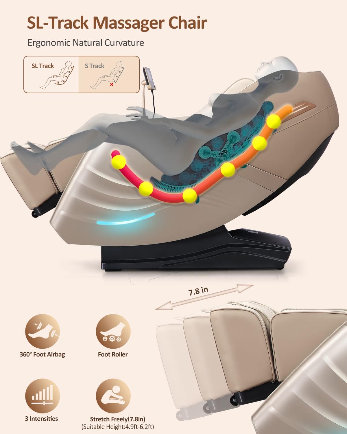 RELX Massage Chair Full Body, 15 Modes Zero Gravity SL-Track Shiatsu Massage Chair Built-in Heat System, Airbag Massage with Body Scan, Deep Yoga Stretch, Calfrest Extension and AI Control(Cream)