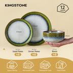 KINGSTONE Stoneware Dinnerware Sets for 4, 12-Piece Reactive Glaze Plates and Bowls Sets, Scratch-Resistant Rustic Ceramic Dish Set for Daily Party Gifts, Microwave Dishwasher Safe, Kiln-Fired Green