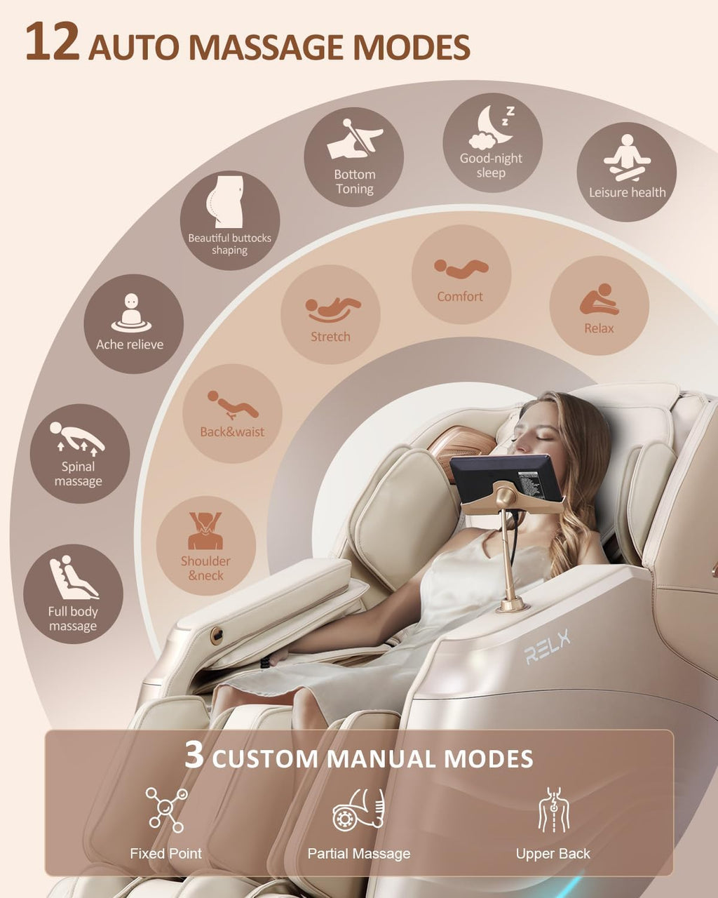 RELX Massage Chair Full Body, 15 Modes Zero Gravity SL-Track Shiatsu Massage Chair Built-in Heat System, Airbag Massage with Body Scan, Deep Yoga Stretch, Calfrest Extension and AI Control(Cream)