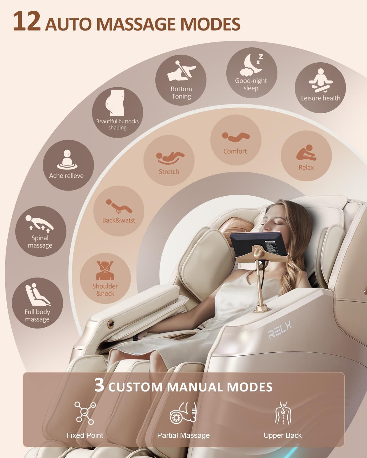 RELX Massage Chair Full Body, 15 Modes Zero Gravity SL-Track Shiatsu Massage Chair Built-in Heat System, Airbag Massage with Body Scan, Deep Yoga Stretch, Calfrest Extension and AI Control(Cream)
