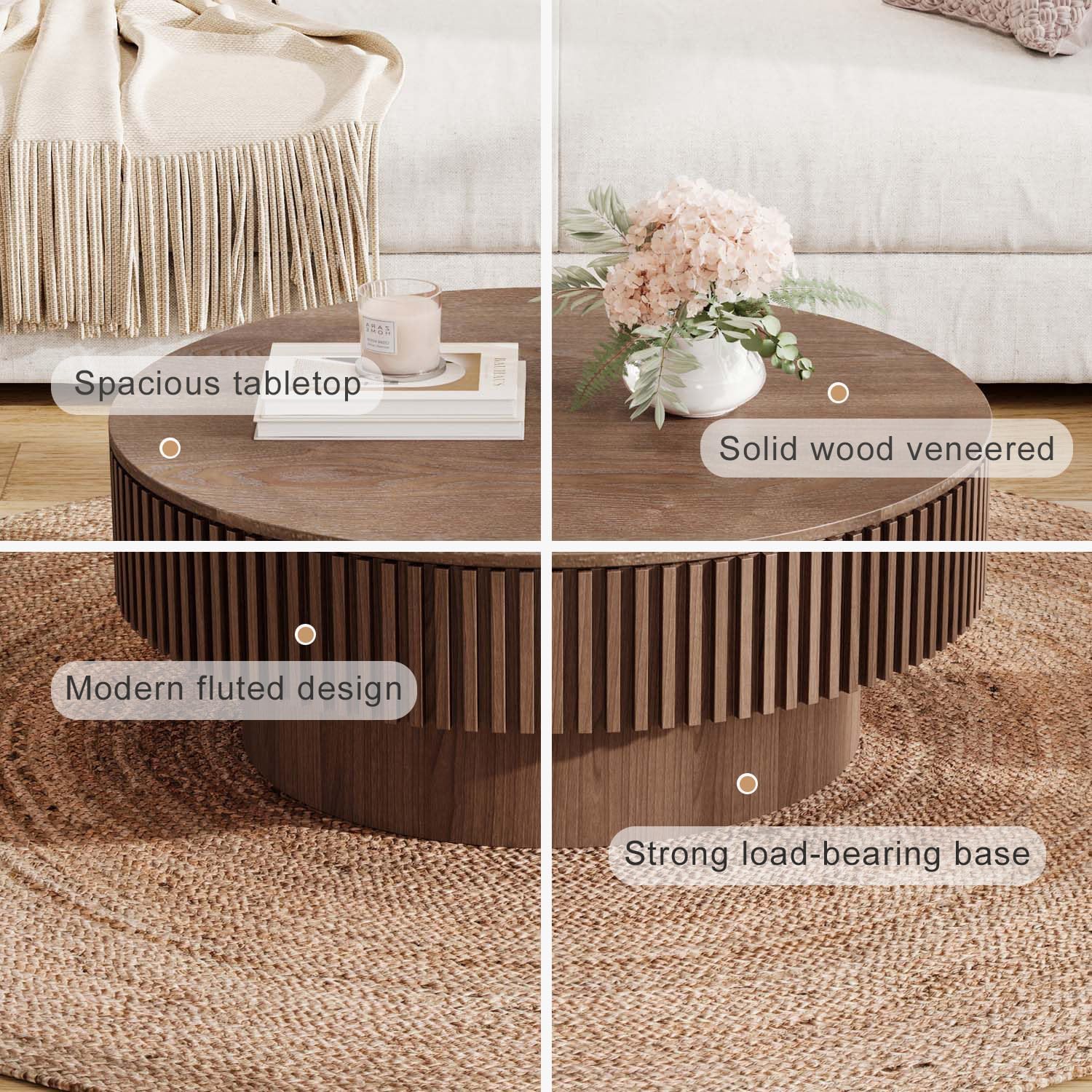 Round Coffee Table with Storage, Modern Wooden Coffee Table with Solid Wood Veneered, Circle Center Table Accent Tea Table for Living Room Apartment Small Space (31.5''L × 31.5''W × 14''H, Walnut)