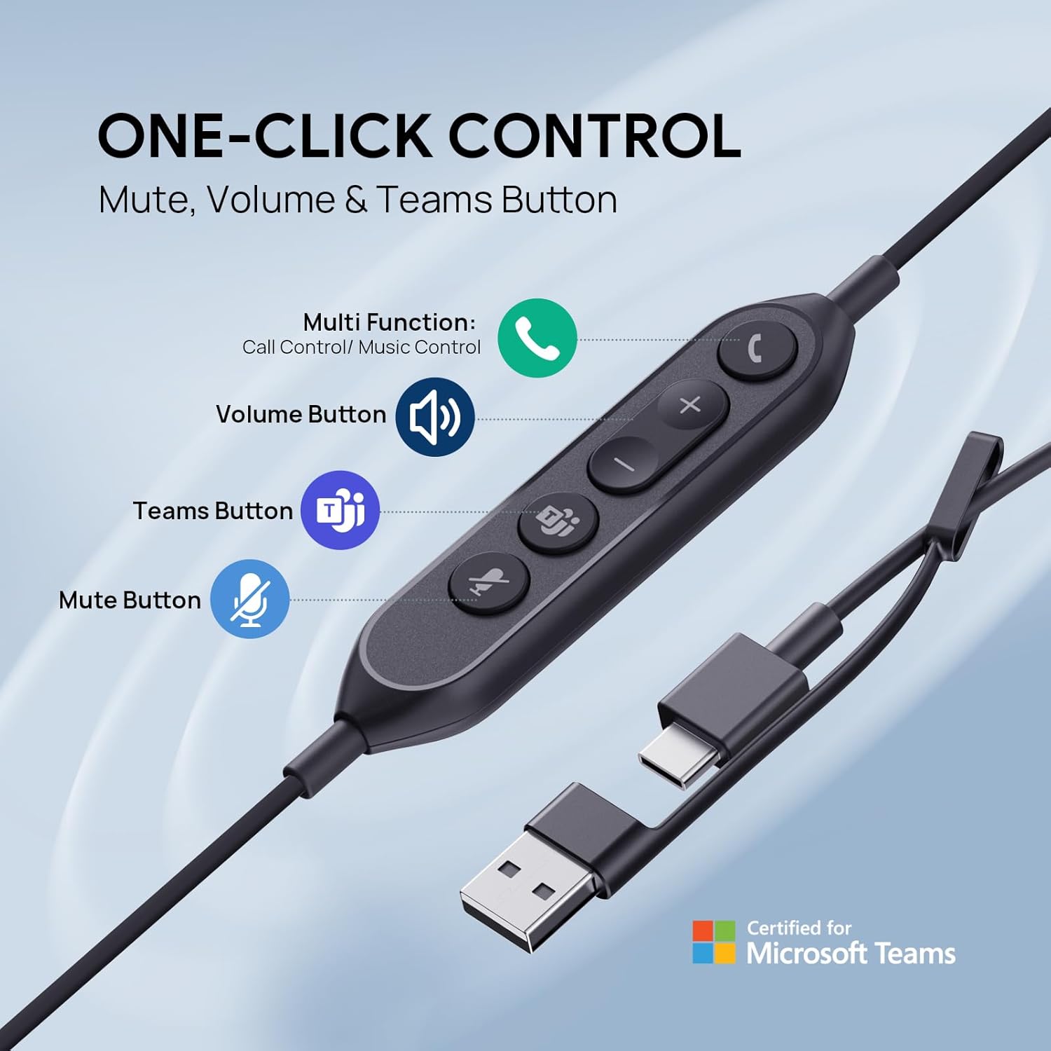Yealink UH46 USB Headset with Mic, Wired Headset with 3 Noise Cancelling Microphones for PC/Computer/Laptop, Teams Certified, in Line Controls for Home Office Online Meetings, Plug & Play USB-C/A