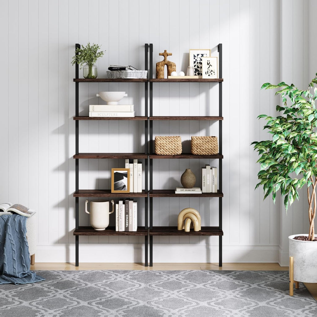 Nathan James 65501 Theo 5-Shelf Wood Modern Bookcase, Open Wall Mount Ladder Bookshelf with Industrial Metal Frame, Dark Walnut Brown/Black, Set of 2