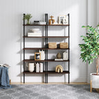 Nathan James 65501 Theo 5-Shelf Wood Modern Bookcase, Open Wall Mount Ladder Bookshelf with Industrial Metal Frame, Dark Walnut Brown/Black, Set of 2