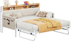 LIKIMIO Daybed with Trundle, Twin Bed Frame with Upholstered Headboard and Charging Station, Sofa Day Bed with Strong Supports for Living Room, Bedroom and Guest Room, White