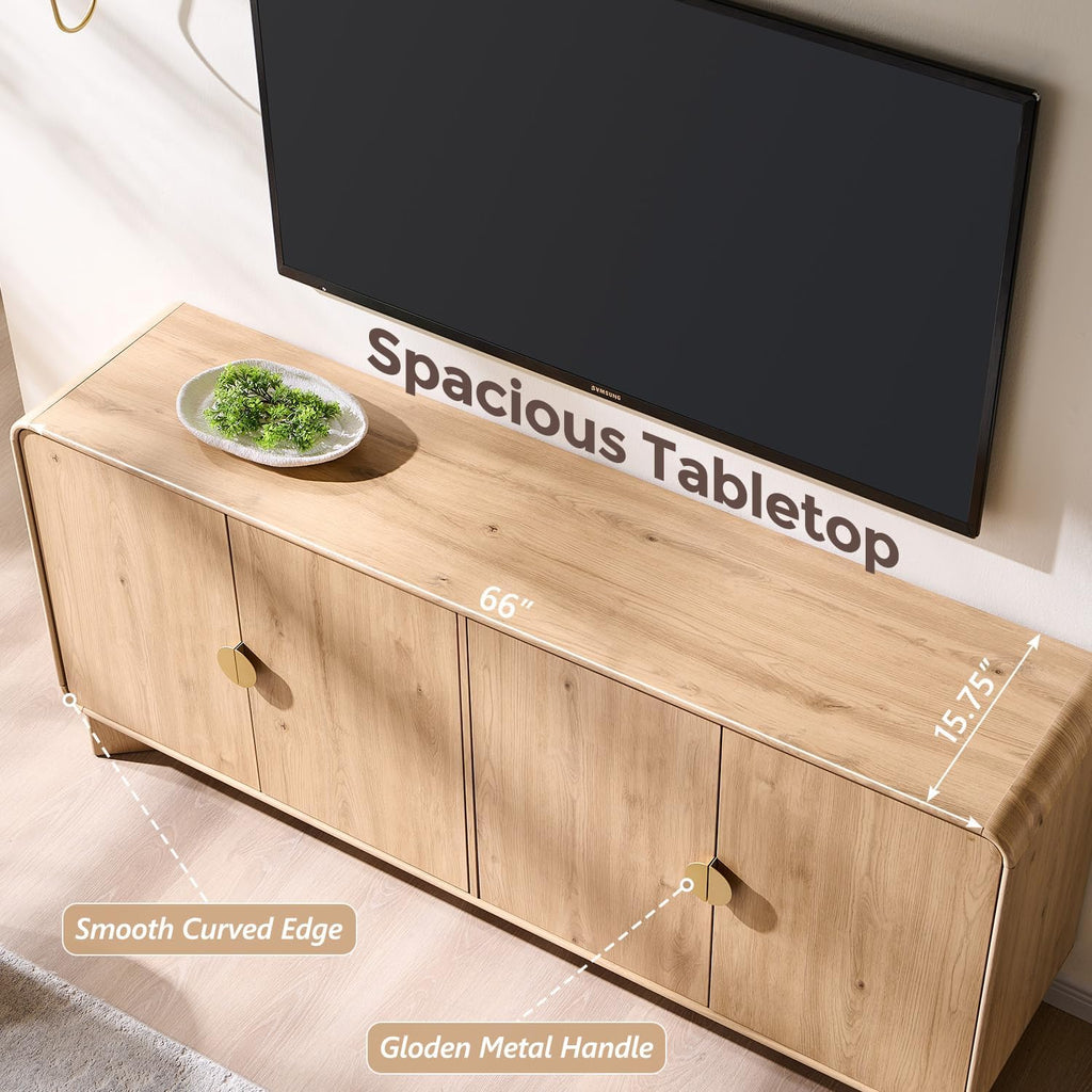 Modern Buffet Cabinet with Storage, 70" Large Sideboard Buffet Storage Cabinet with 4 Doors and Adjustable Shleves, Wooden Curved Coffee Bar for Dining Room, Kitchen, Living Room, Natural Oak