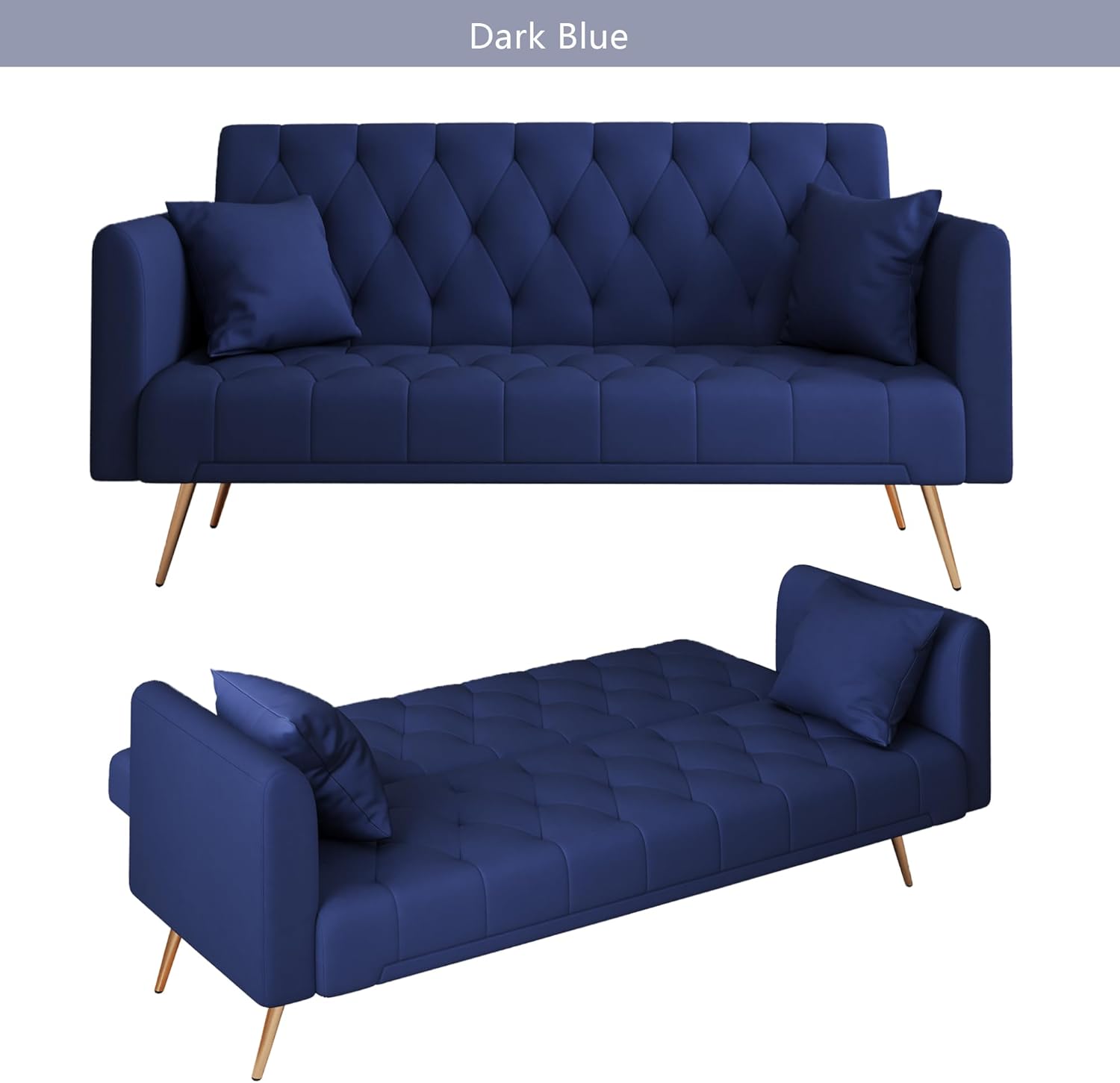 Anwick 72" Modern Velvet Sofa Bed Futon,Convertible Folding Sleeper Bed Couches with 3 Adjustable Backrests,Tufted Recliner Loveseat with Golden Chrome Legs for Small Living Room Office (Blue)
