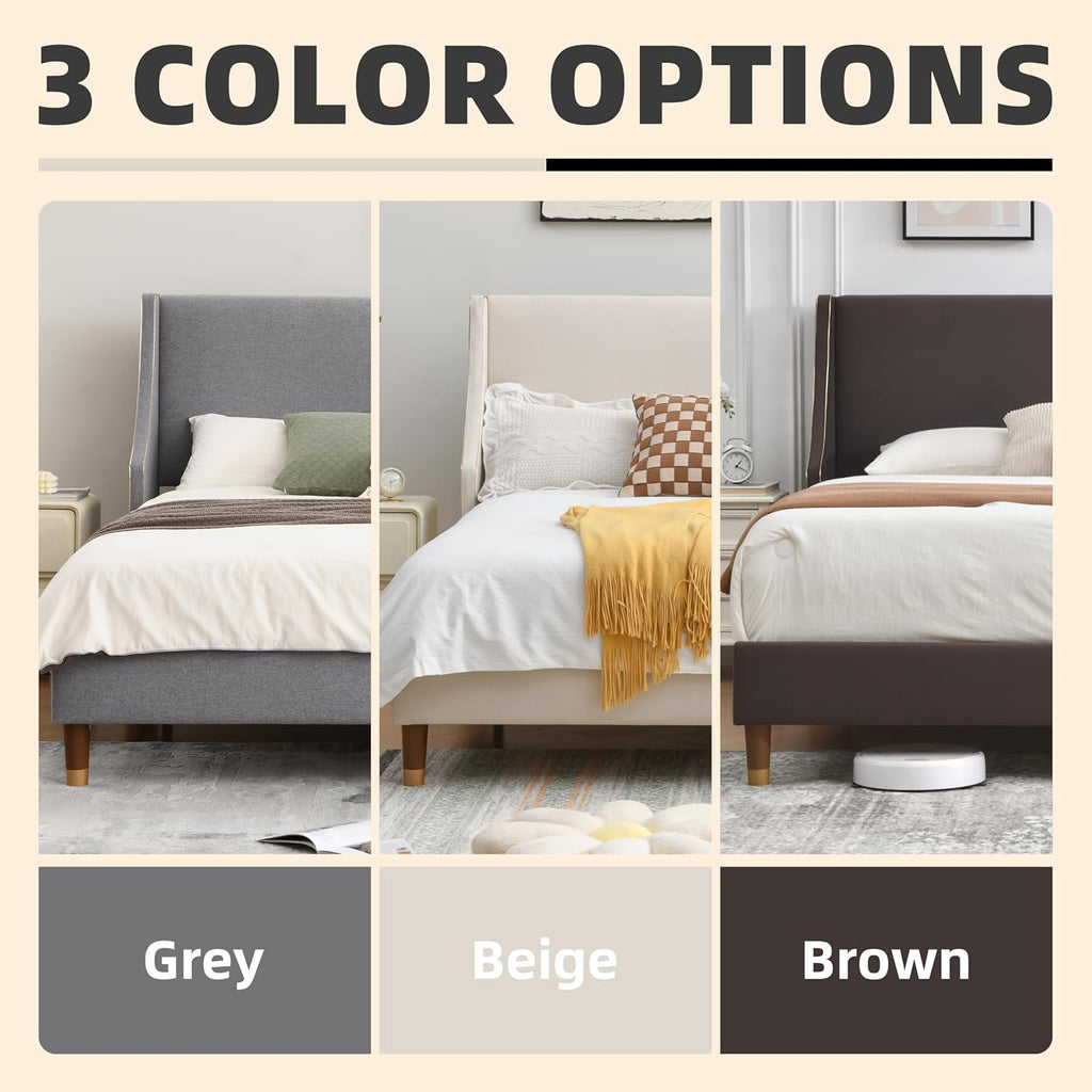 King Size Upholstered Platform Bed Frame with Wingback Headboard, Linen Fabric & Wooden Slats Support, Modern Golden PVC Material Edge for Bedroom,No Box Spring Needed, Easy to Assemble, Grey