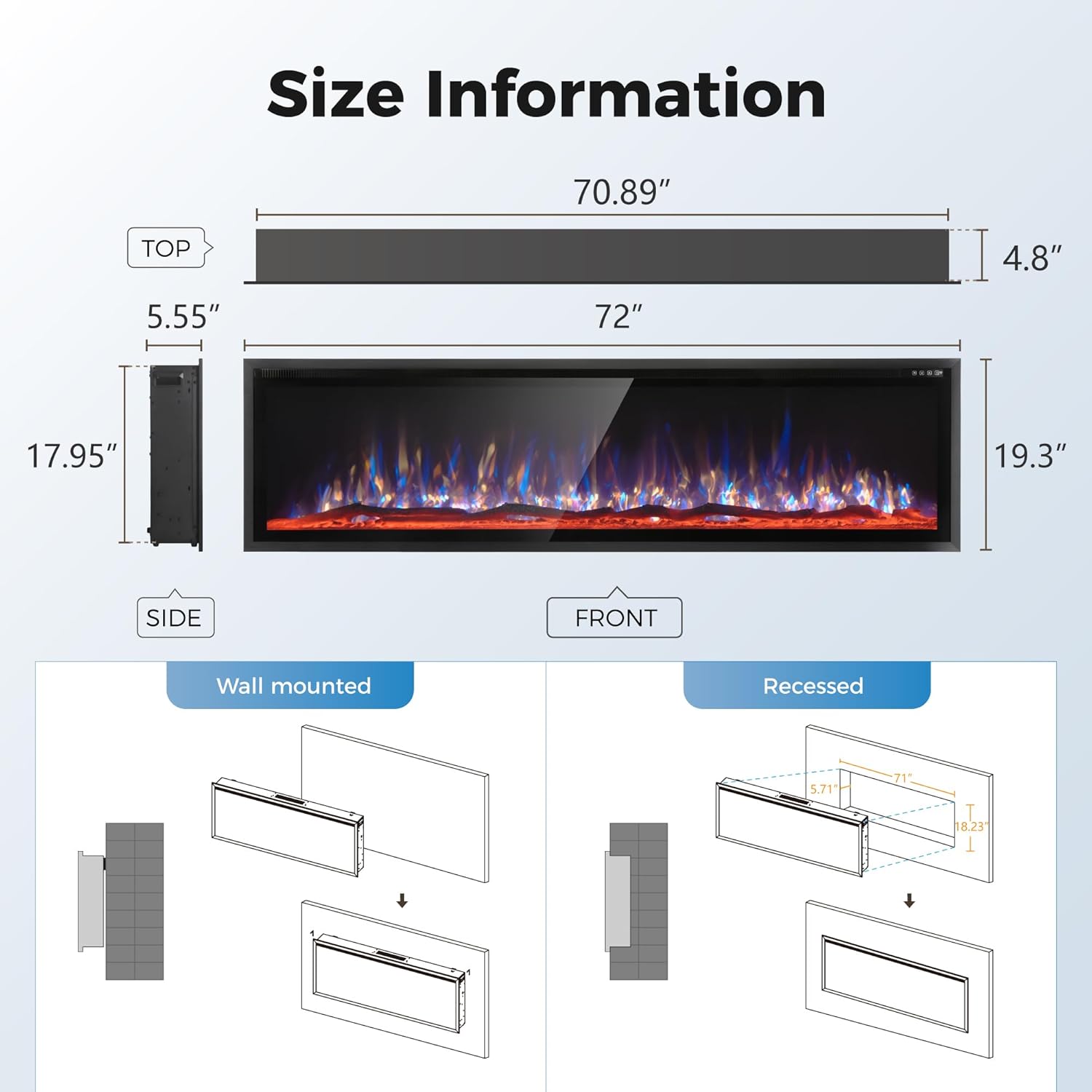 MAISON ARTS 72" Electric Fireplace, Recessed & Wall Mounted Electric Fireplace Heater, Ultra Narrow Frame Fireplace Insert w/Remote Control, Timer, Adjustable Flame Colors, Log/Crystal, 750/1500W