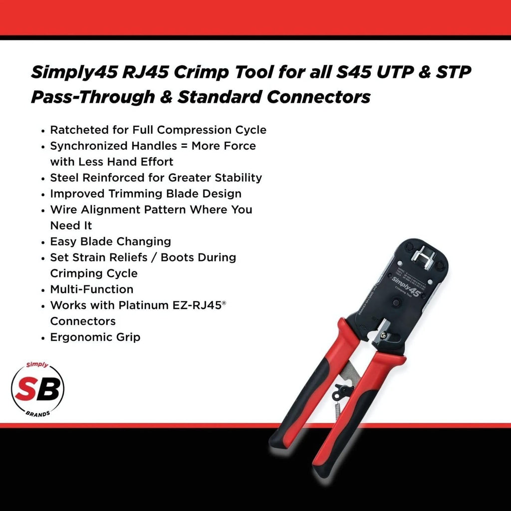 Simply45 Pass-Through RJ45 Crimp Tool for Unshielded and Internal Ground Shielded Pass-Through RJ45 Modular Plugs - Built-In Stripper/Cutter - S45-C100
