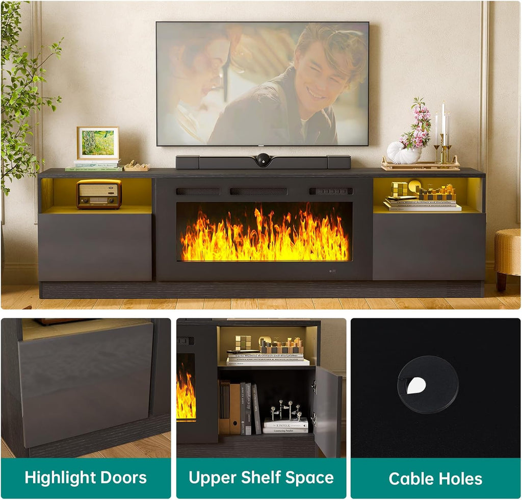 MXV 80" Fireplace TV Stand for TVs Up to 90", LED Light Entertainment Center with 36" Electric Fireplace, Modern Wood Texture TV Media Console with Highlight Storage Cabinet, Black+Black