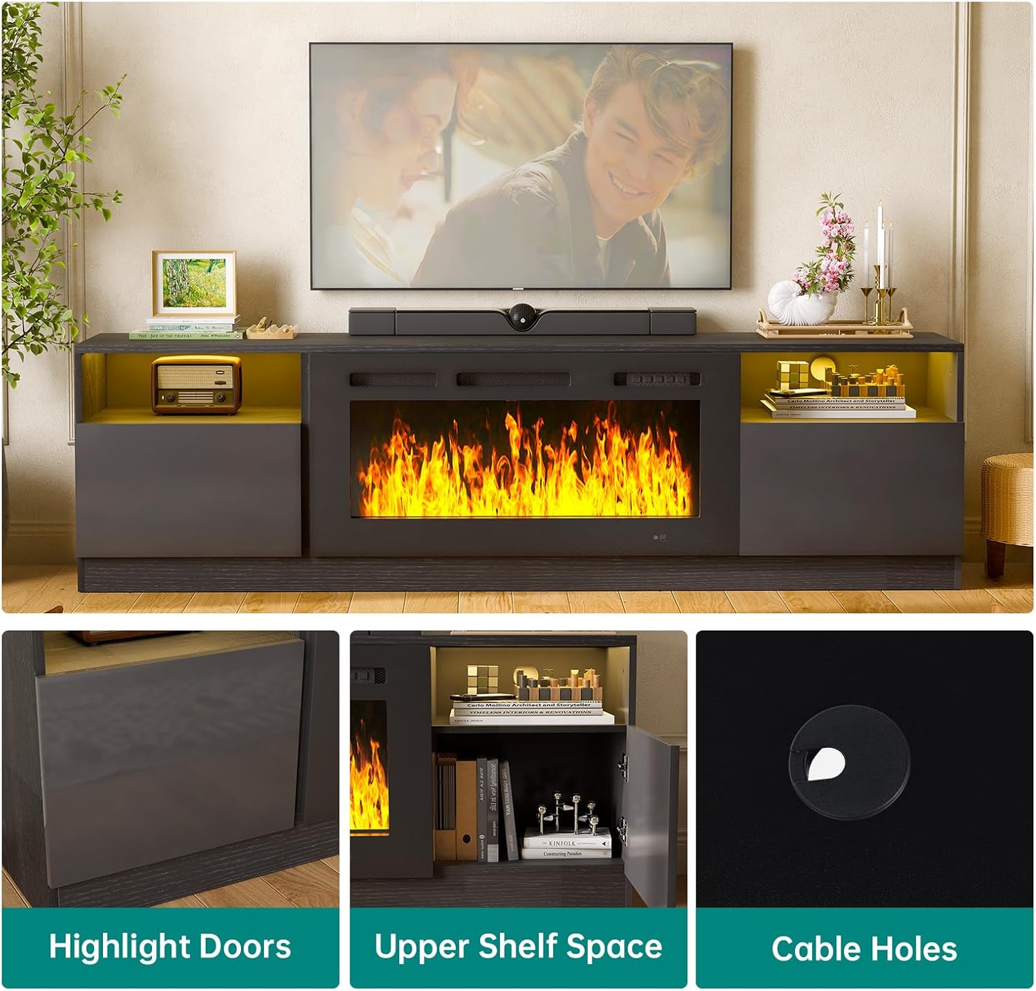 MXV 80" Fireplace TV Stand for TVs Up to 90", LED Light Entertainment Center with 36" Electric Fireplace, Modern Wood Texture TV Media Console with Highlight Storage Cabinet, Black+Black