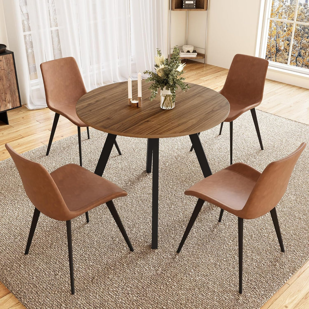 34.6'' Round Dining Table and Chairs for 4 Space Saving for Apartment Kitchen Dining Room (Walnut Table+4 Brown Chairs)