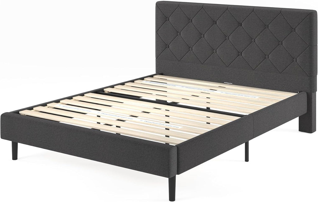 Zinus King Shalini Upholstered Platform Bed Frame with Headboard New WonderBox(TM) Version, Wooden Slat Support, No Box Spring Needed, Easy Assembly, Eco Friendly Packaging, Dark Grey