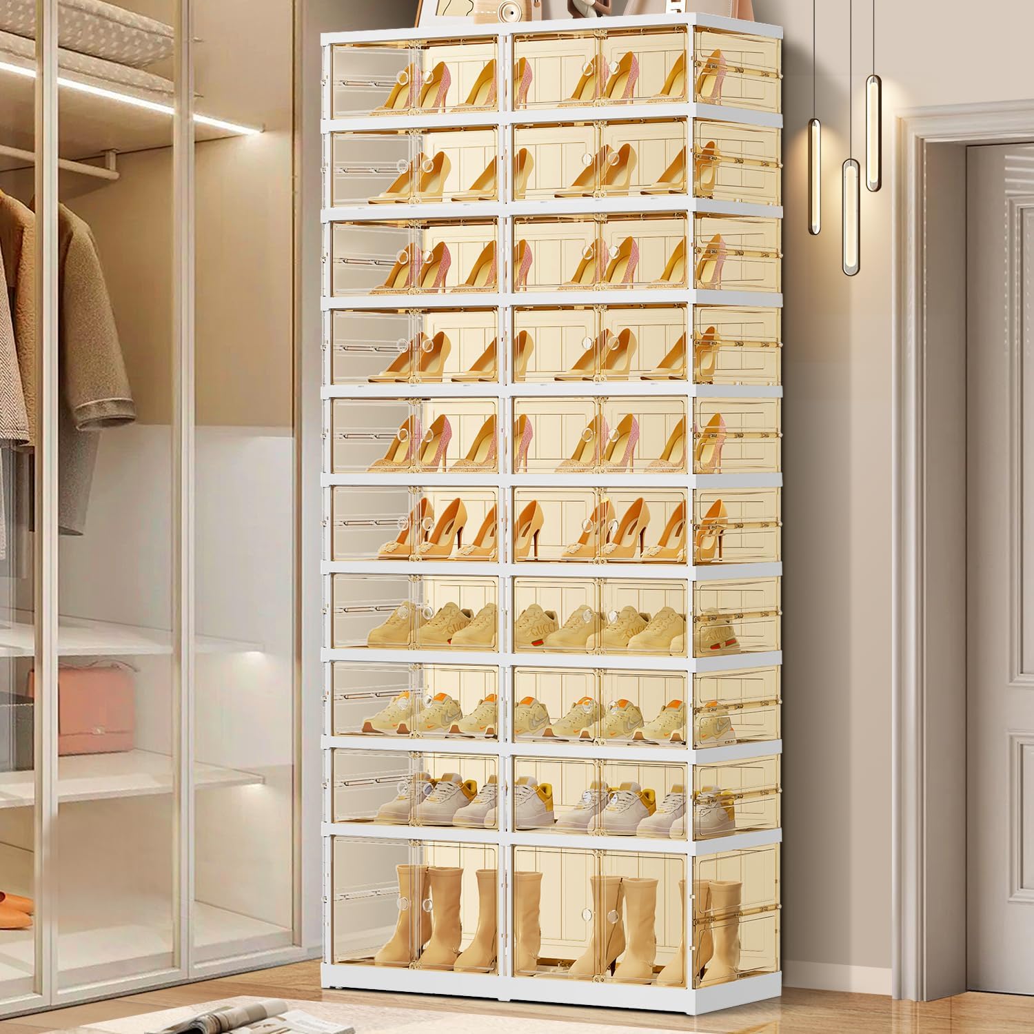 10 Tiers 20-40 Pairs Foldable Shoe Rack for Closet Plastic Stackable Shoe Boxes for Garage Collapsible Shoes Shelf with Doors Storage Organizer Cabinet Quick Assembly,Brown