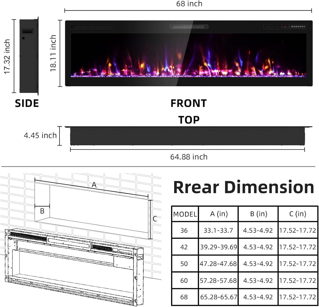 68 inch Electric Fireplace Inserts and Wall Mounted with Remote Control & Touch Screen 1500W Fireplace Heater Ultra Narrow Frame