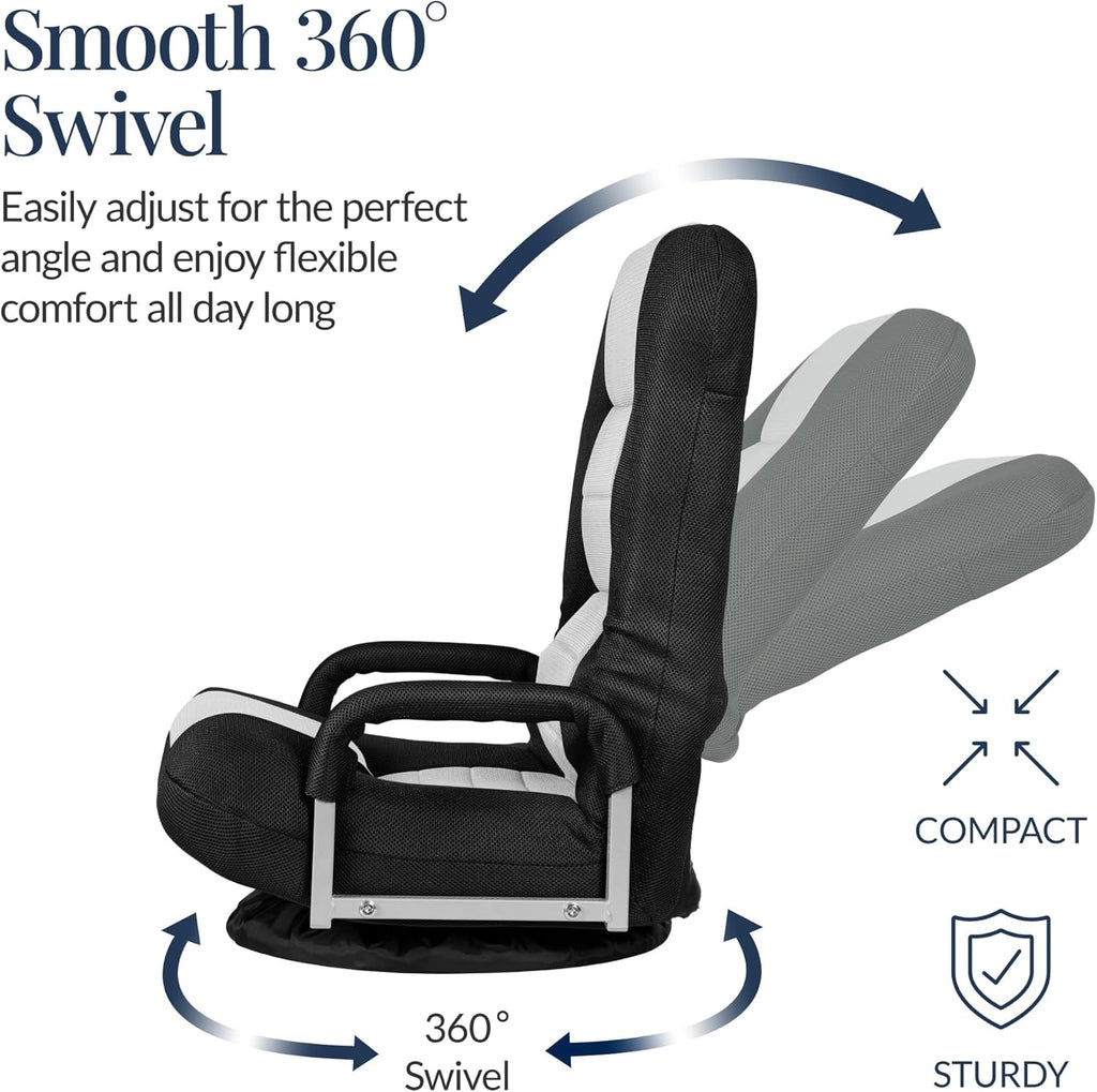 Best Choice Products Swivel Gaming Chair 360 Degree Multipurpose Floor Chair Rocker for TV, Reading, Playing Video Games w/Lumbar Support, Armrest Handles, Adjustable Foldable Backrest - Black/White