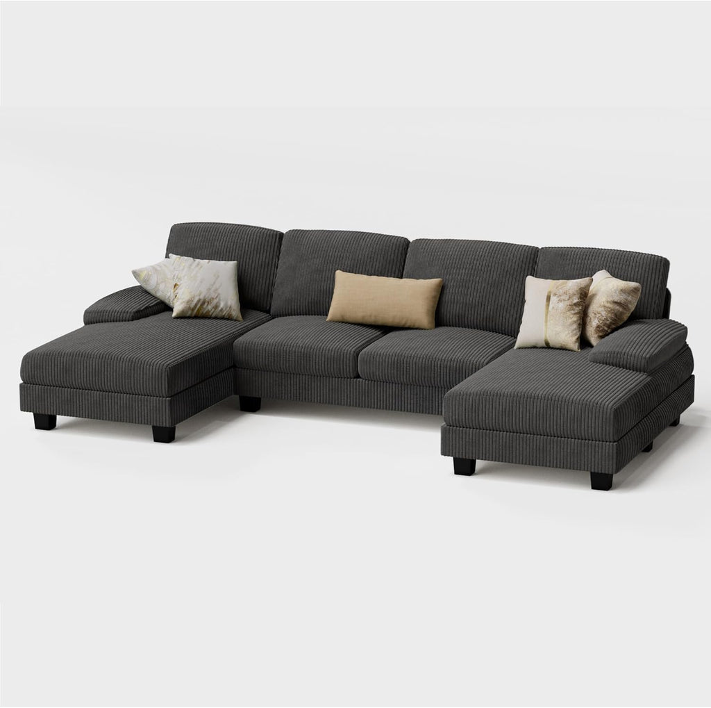 Furmax Sectional Couches for Living Room, U-Shaped Sofa Couch with Linen Fabric, 4 Seat Sofa Set with Double Chaise for Apartment (Corduroy, Dark Grey)