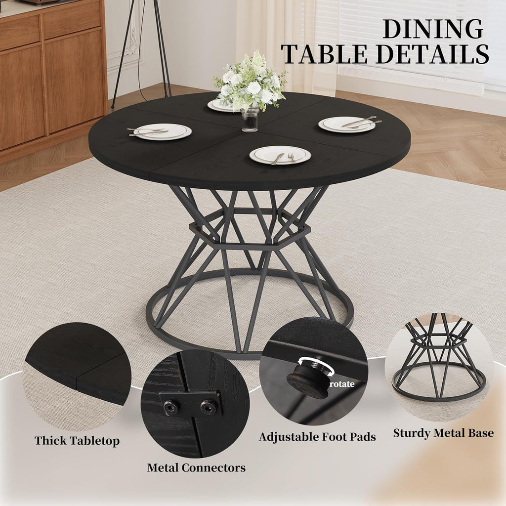 47.24" Round Dining Table Set for 4, 5 Piece Dining Room Table Set, Circle Kitchen Table and Chairs for Dining Room, Living Room, Kitchen, Apartment(Black Table + 4 Black Faux Leather Chairs)