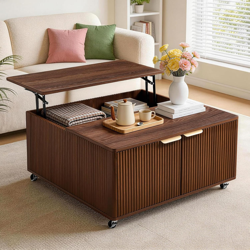 Fluted Lift Top Coffee Table on Wheels, Walnut Storage Coffee Table with Adjustable Height for Living Room, Office