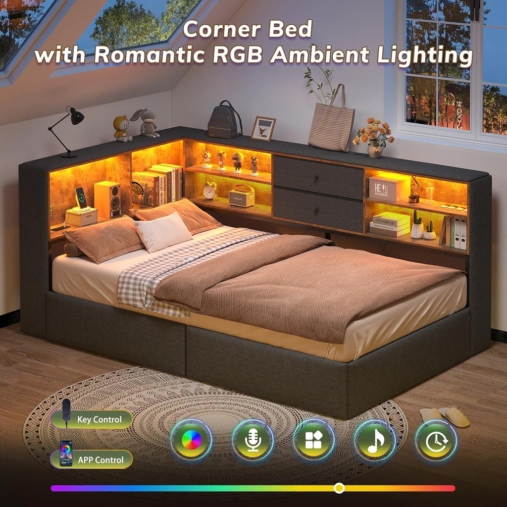 Twin Corner Bed Frame with Storage Bookcase and 4 Drawers, Upholstered Daybed Twin Size with Charging Station & LED Lights, L-Shape Twin Size Bed Frames Metal Platform Bed for Kids Teenagers, Oak Grey