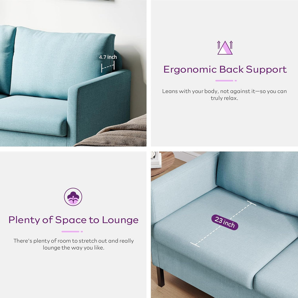 TYBOATLE 51" W Linen Fabric Upholstered Modern Loveseat Sofa Couch for Living Room, Love Seats 2-Seater Furniture w/Iron Legs for Compact Space, Apartment, Bedroom, Dorm, Office, Aqua Blue