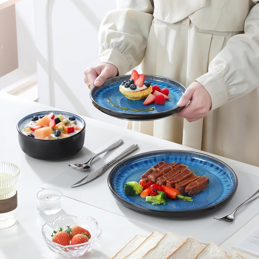 vancasso PLAYA Plates and Bowls Sets, 18 Pieces Blue Dinnerware Sets for Kitchen, Reactive Glaze Dishes Set for 6, Dishwasher and Microwave Safe