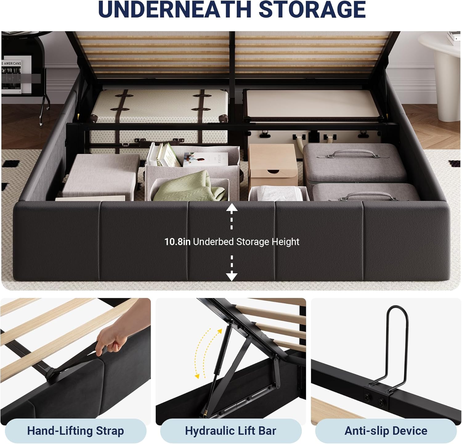 Allewie Queen Size Velvet Lift Up Storage Bed Frame, Vertical Channel Tufted Headboard, Hydrualic Underneath Storage, Upholstered Platform Bed, Wooden Slats Support, No Box Spring Needed, Black