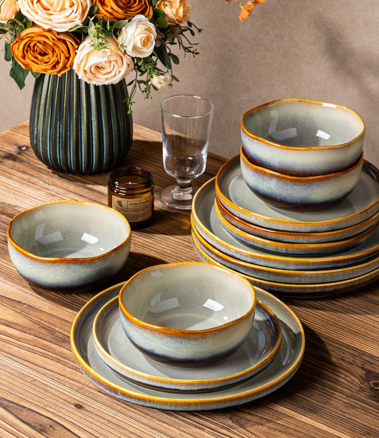TheTerra Ceramic Dinnerware Sets for 4, 12 Pieces Handmade Reactive Glaze Plates and Bowls Sets, Scratch Resistant Dish Set, Oven & Microwave & Dishwasher Safe, Brown Blue