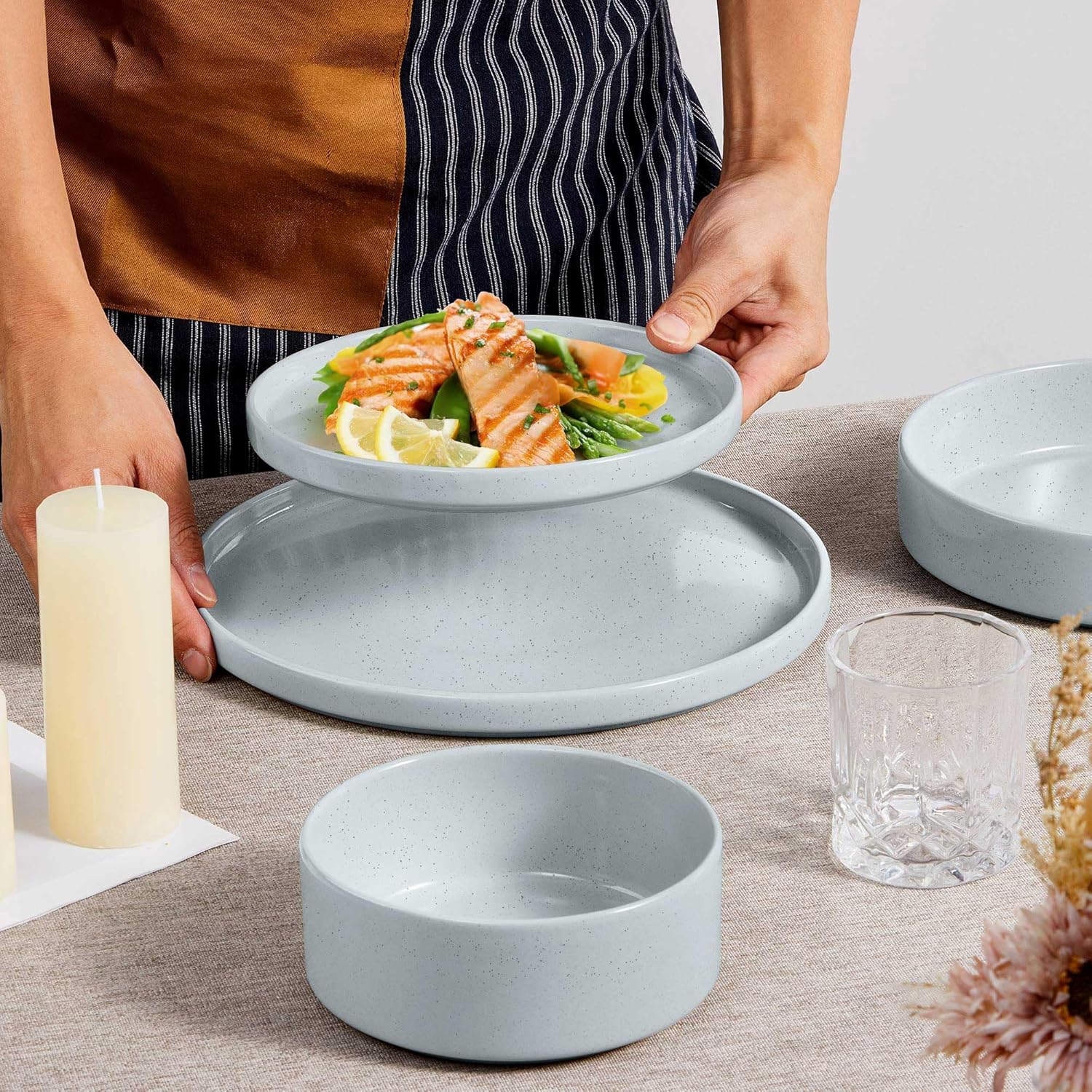 Herogo Stoneware Dinnerware Set with Salad Bowls, 8 Piece Plates and Pasta Cereal Bowls for 2, Kitchen Dinner Dish Set, Dishwasher & Microwave Safe, Speckled Light Gray