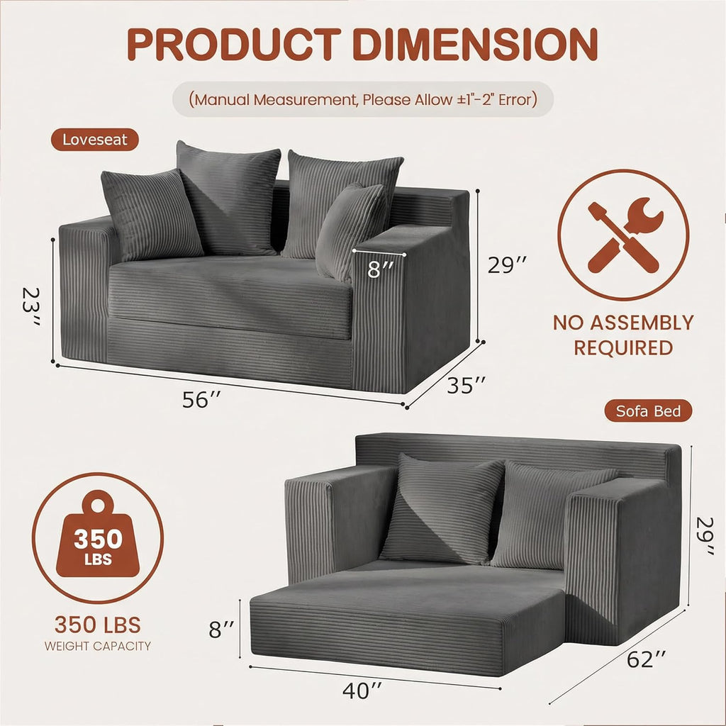 5 in 1 Convertible Sofa Bed,Small Boneless Couch Pull Out Loveseat Sleeper Sofa,Corduroy Futon Couch Folding Mattress with 4 Pillows for Living Room Bedroom Lounge (No Assembly)