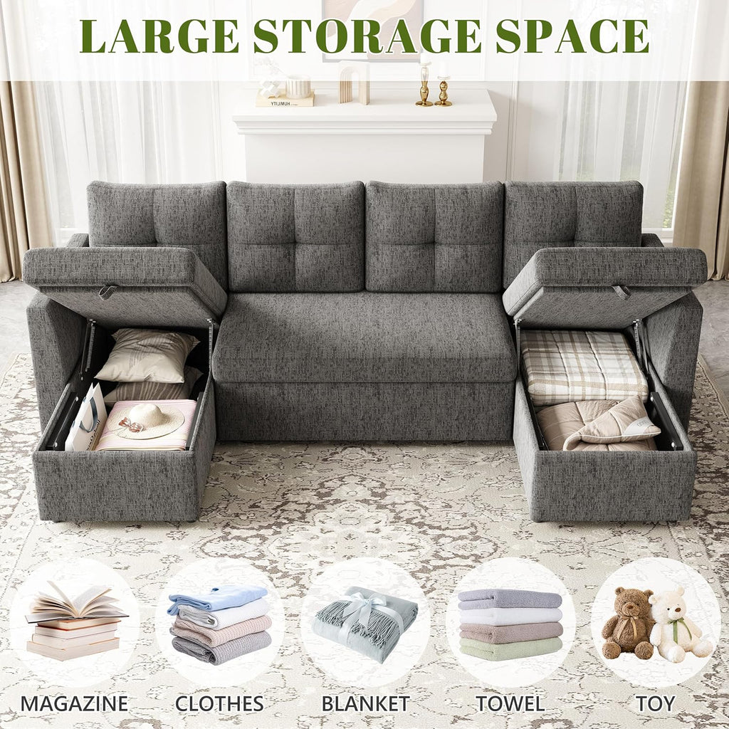 Oversized Sleeper Couch Sofa, 110 inch 2 in 1 Pull Out Couch with Double Storage Chaise, Sectional Sleeper Sofa Bed with Side Pocket for Living Room, Dark Grey