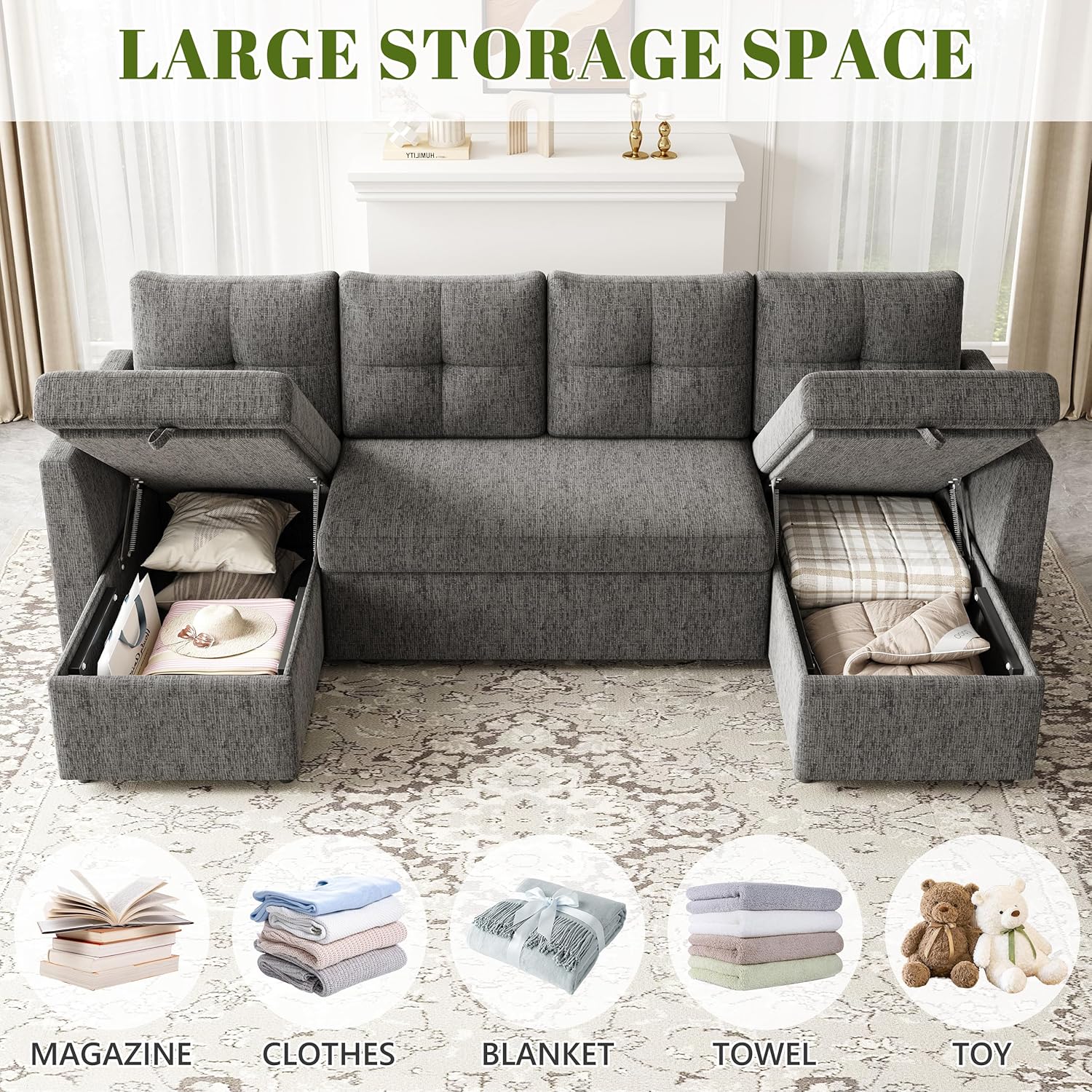 Oversized Sleeper Couch Sofa, 110 inch 2 in 1 Pull Out Couch with Double Storage Chaise, Sectional Sleeper Sofa Bed with Side Pocket for Living Room, Dark Grey