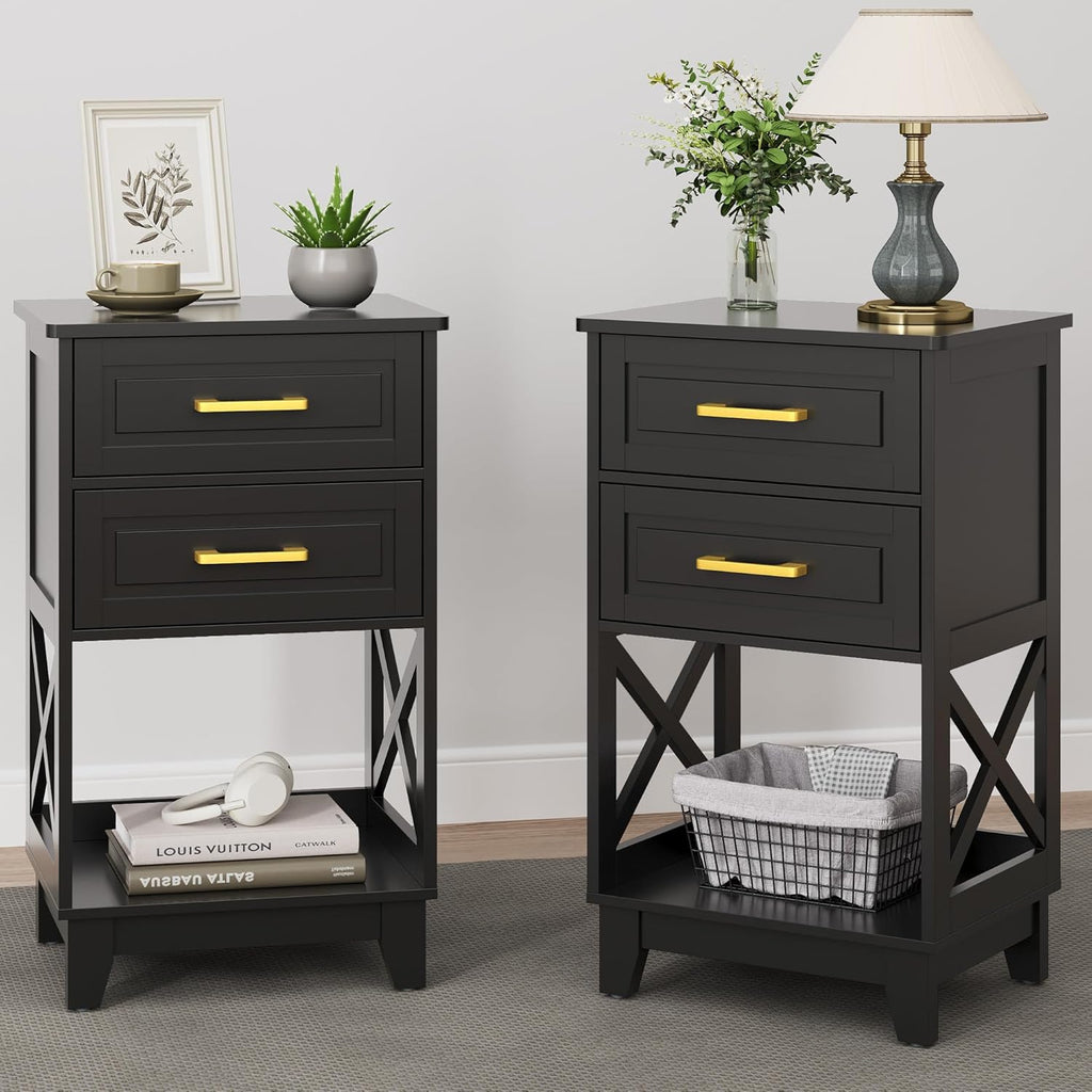 RoyalCraft 30'' Tall Nightstand Set of 2, Modern Painted Bedside Table with 2 Drawers and Open Shelf Below, Wood Side Table for Bedroom, Home Office, Black