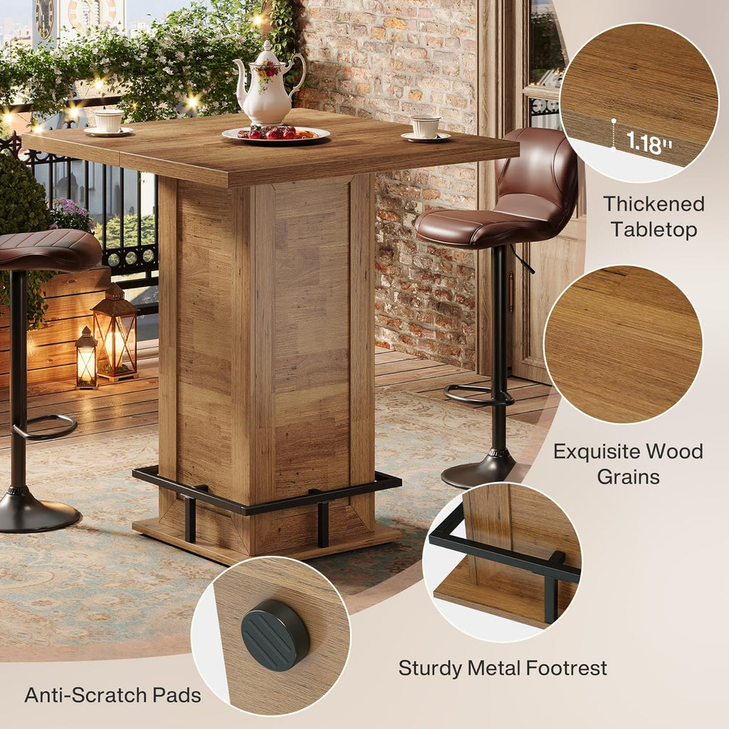 Tribesigns 39.4" H Square Bar Table, Industrial High Top Bistro Pub Cocktail Table with Metal Footrest for Kitchen Nook, Home Bar, Small Bars, Rustic Brown (Table Only)