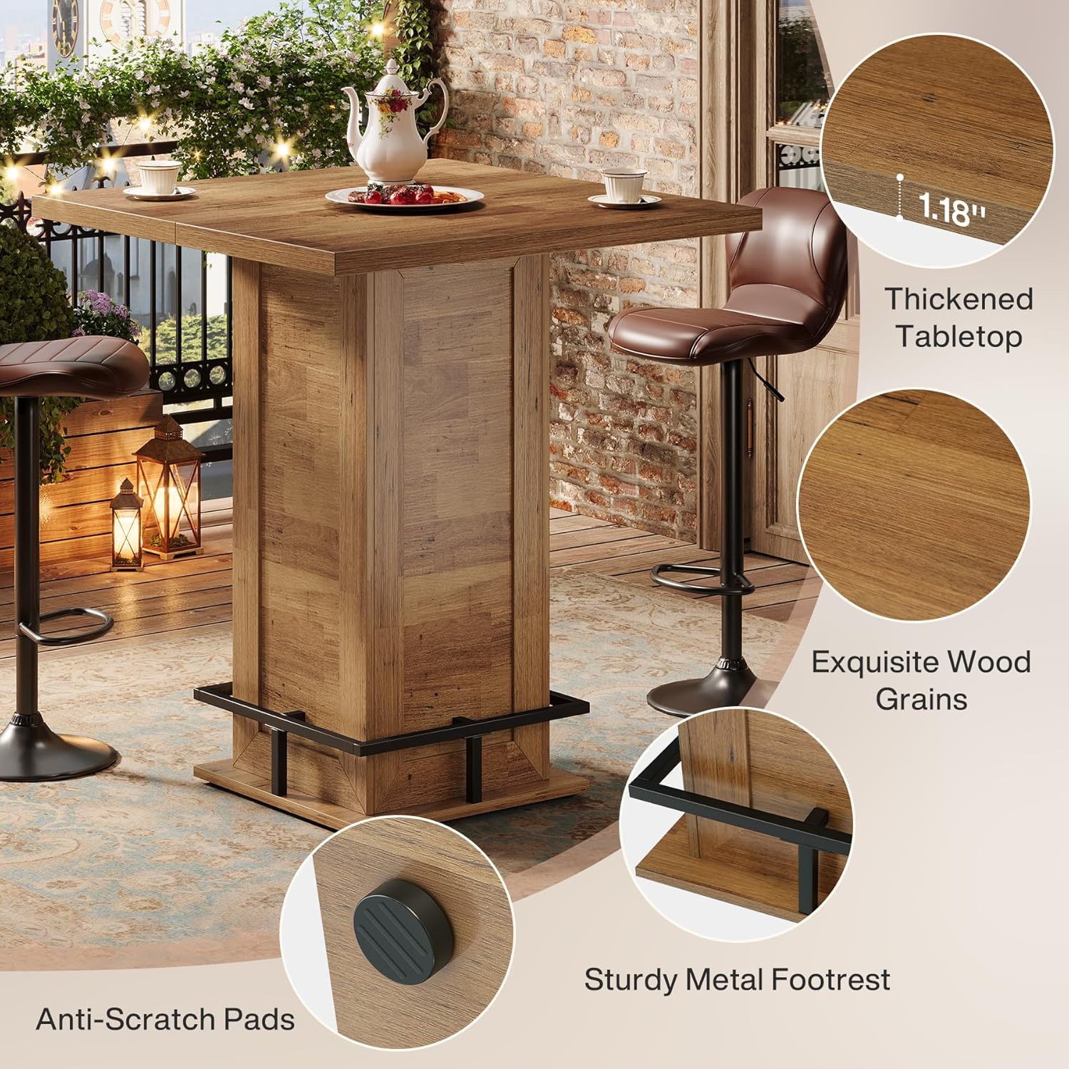 Tribesigns 39.4" H Square Bar Table, Industrial High Top Bistro Pub Cocktail Table with Metal Footrest for Kitchen Nook, Home Bar, Small Bars, Rustic Brown (Table Only)