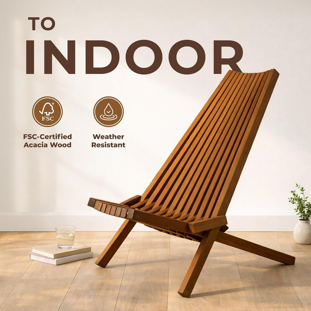 Melino Wooden Folding Tamarack Chairs, FSC Certified Acacia Low Profile Adirondack Chairs, Wood Folding Chair for Outdoor, Patio, Porch, Pool, Backyard, Garden, Balcony and Deck - Chestnut - Single