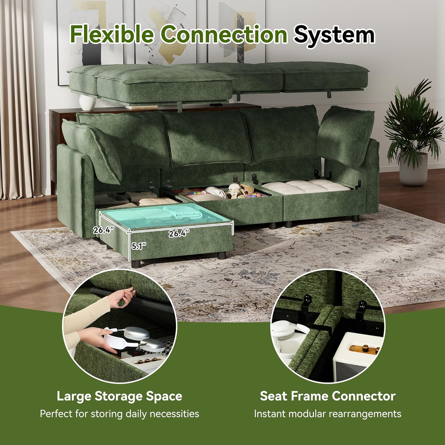 Ihanherry 97.2” Modular Sectional Sofa with Storage, U Shaped Modern Sofa for Living Room, 4-Seat Chenille Fabric Comfy Deep Seat Sofa with Movable Ottoman for Bedroom and Apartment, Green