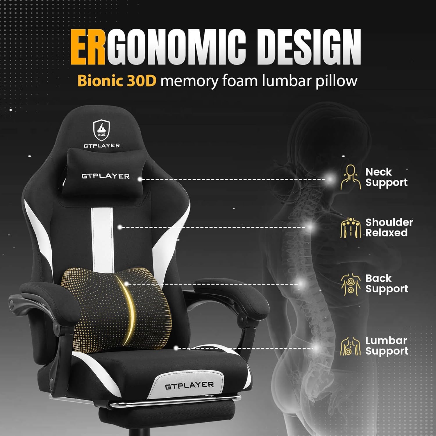 GTPLAYER Gaming Chair Ergonomic Office Chair with Foot Rest & Pocket Spring Cushion, High Back Computer Desk Chair with Headrest & Lumbar Support, Breathable Fabric Game Chair for Adults, Coal-Black