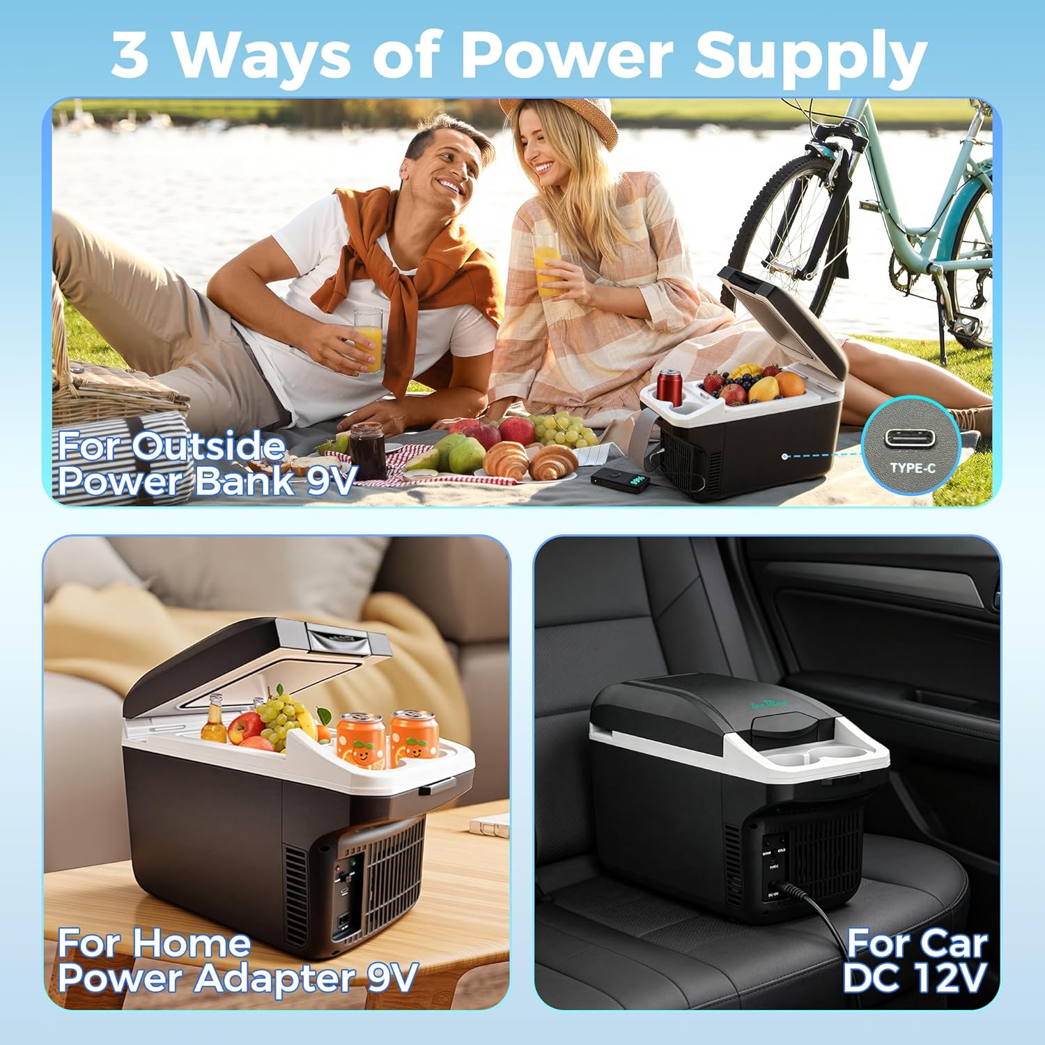 Iceblue Electric Cooler with Type-C, 8 Liter /11 Cans Mini Fridge with Belt, 9V Type-C Thermoelectric Dual-use Car Refrigerator, Car Fridge for Car, Dorm, Travel, Picnic, Gift (Black)